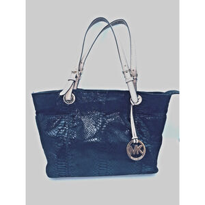 Michael Kors Black Faux Leather Snake Embossed Tote Shoulder Bag Gold Hardware